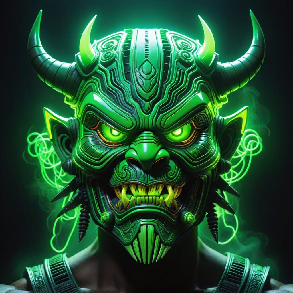 Glowing Green Oni Mask in Cyberpunk Style