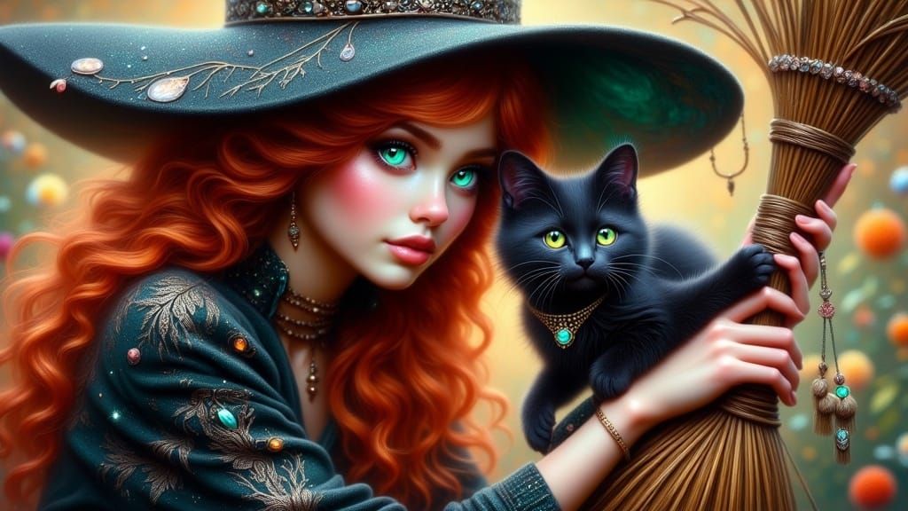 Ethereal Witch Stands Beside Majestic Broom and Tuxedo Kitte...