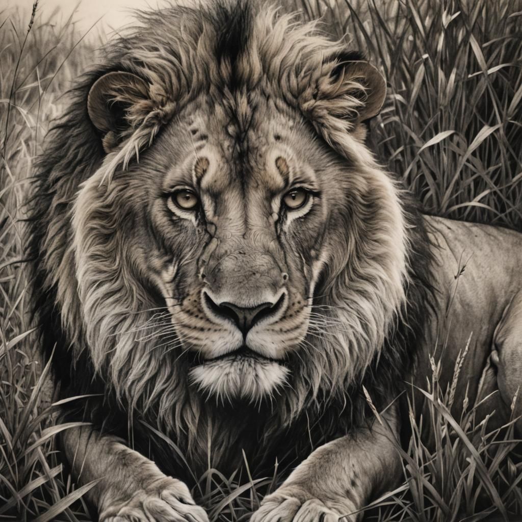 Lion Stalking Prey: Hyperdetailed Charcoal Drawing