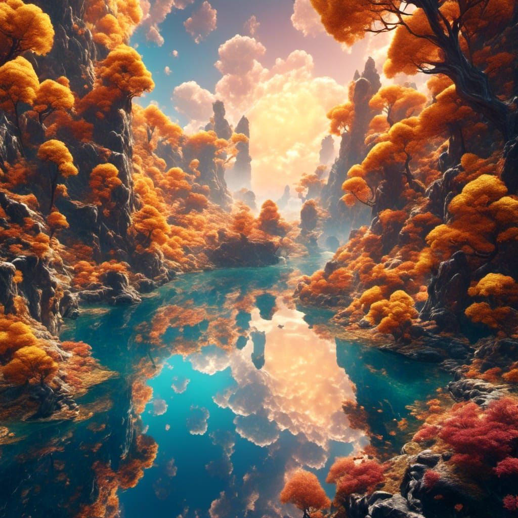 Sunlit Valley with River in Watercolor Style