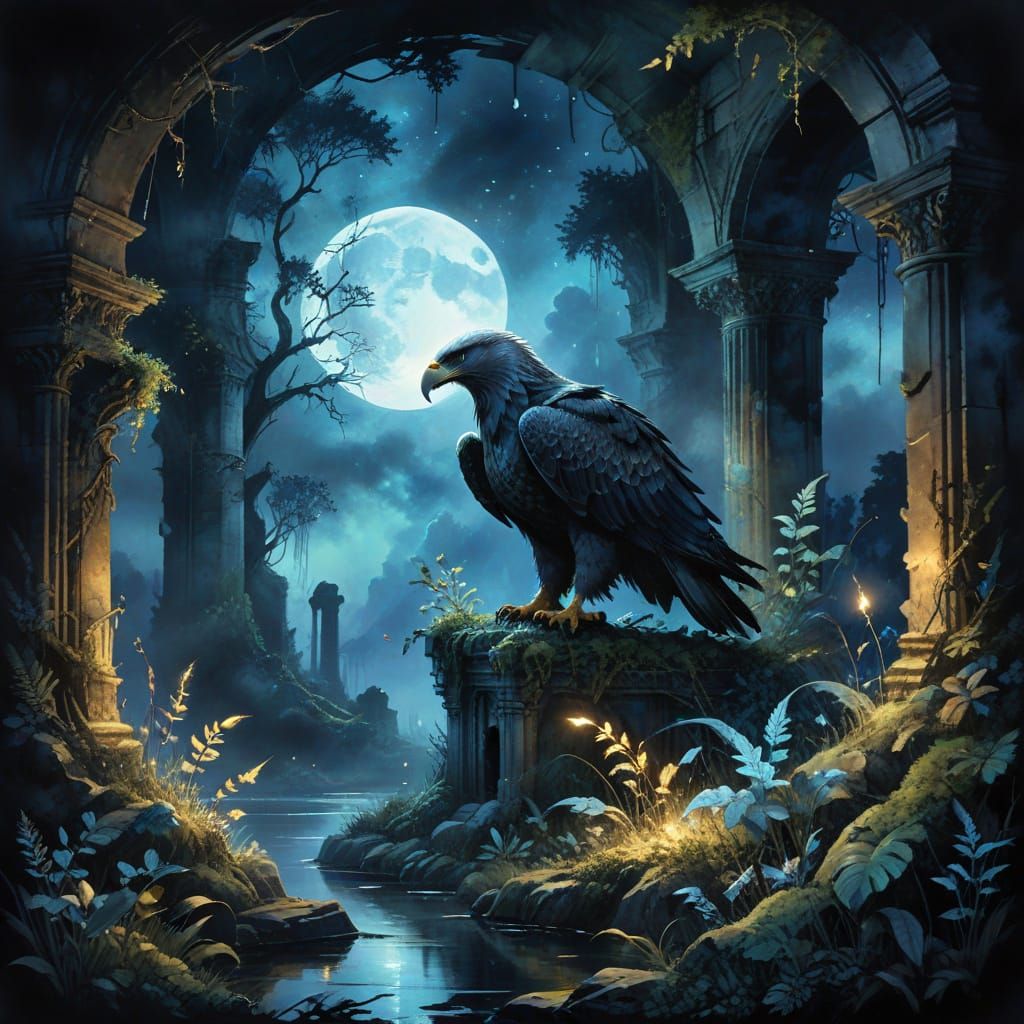 Golden Eagle on Ancient Ruin in Ethereal Moonlight