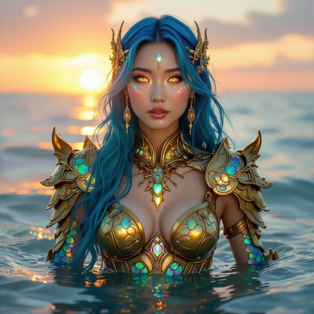Asian Woman with Blue Hair and Mermaid Scales in Gold Armor