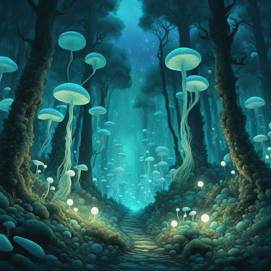 Dreamlike Mosaic Creature Emerge from Misty Forest in Cyberp...