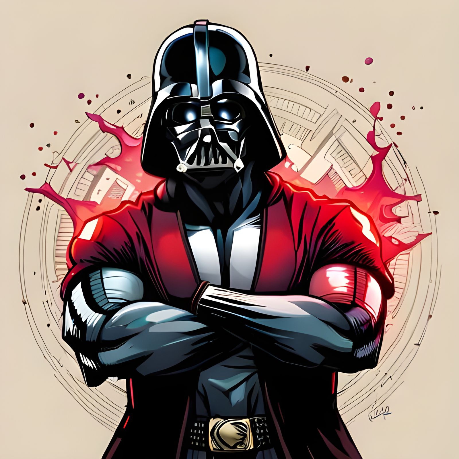 Muscular Darth Vader Portrait in Gym, Digital Art Style