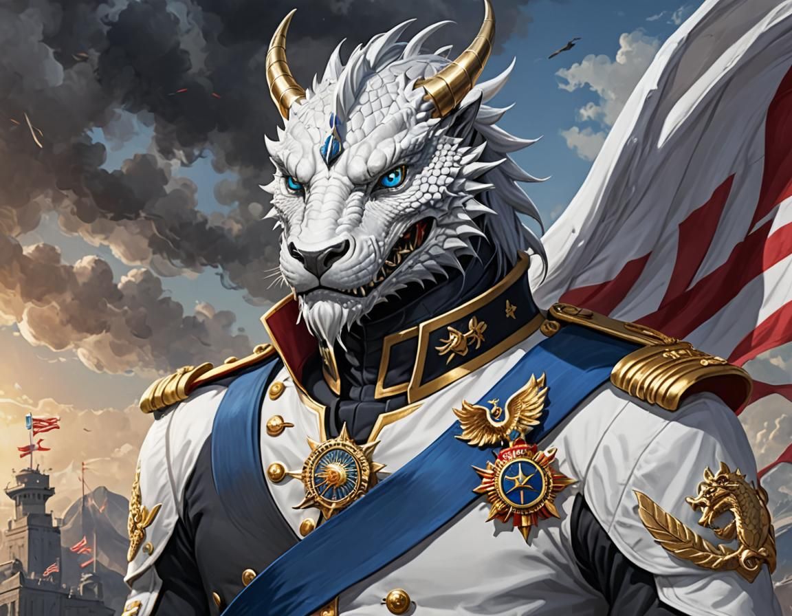 White Dragon Humanoid Admiral with Piercing Blue Eyes