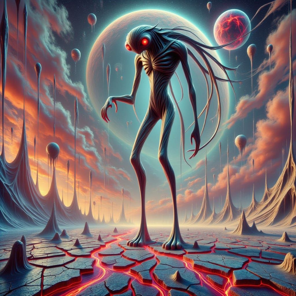 Whimsical Alien in a Surreal World, Pointing Down at the Vie...