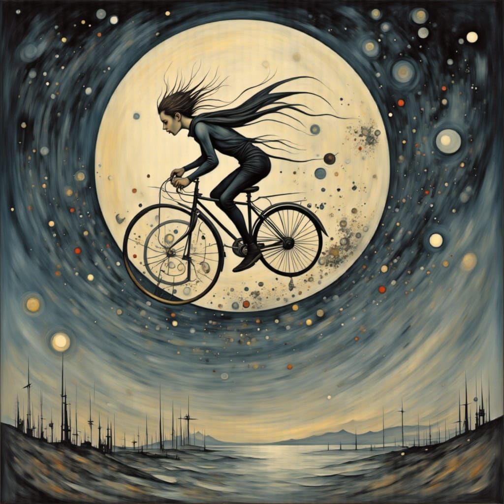 Boy on Bicycle Flying by Large Moon
