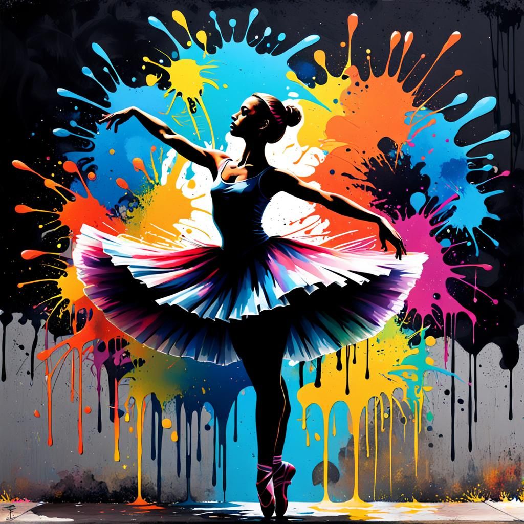 Ballerina Silhouette in Graffiti Splash Art Style