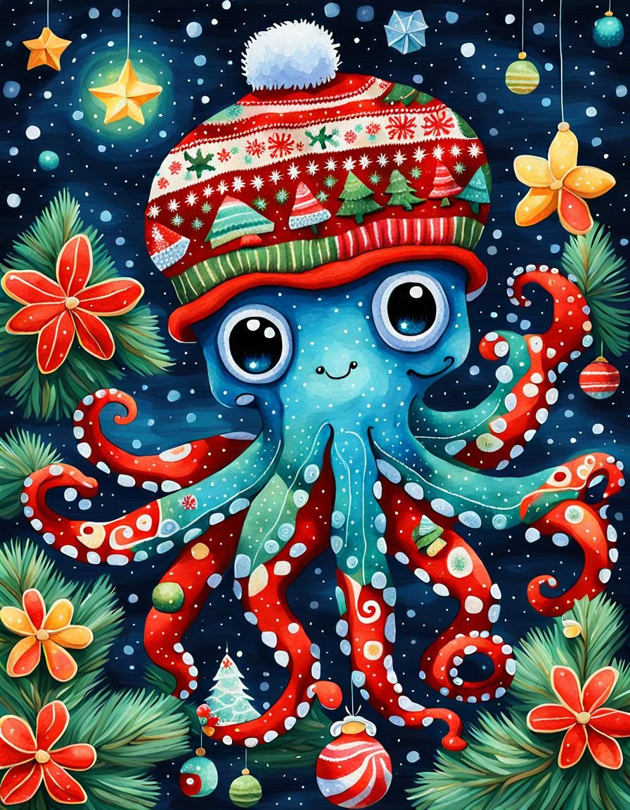 Adorable Christmas Octopus in Vibrant Cubist Wonderland