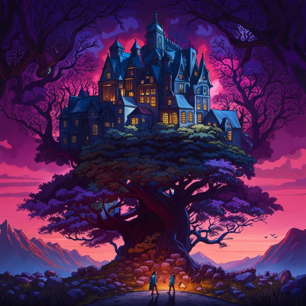 Overgrown City Sunset with Mountains, Fantasy Art