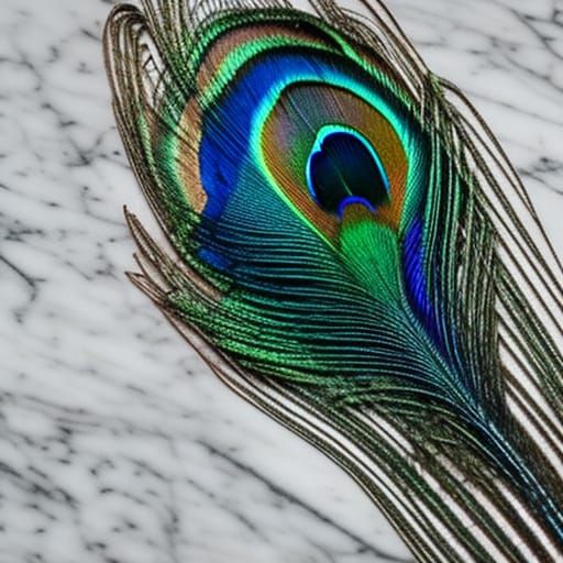 a peacock quill. white marble background.