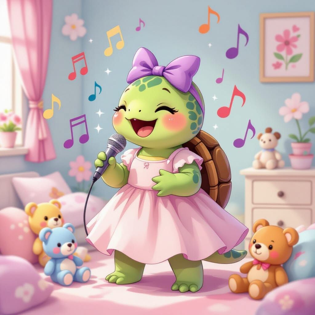 Singing Turtle in Pastel Bedroom, Anime Style
