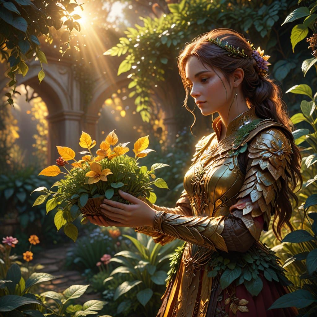 Person Holding Herbs in Golden Lit Fantasy Garden