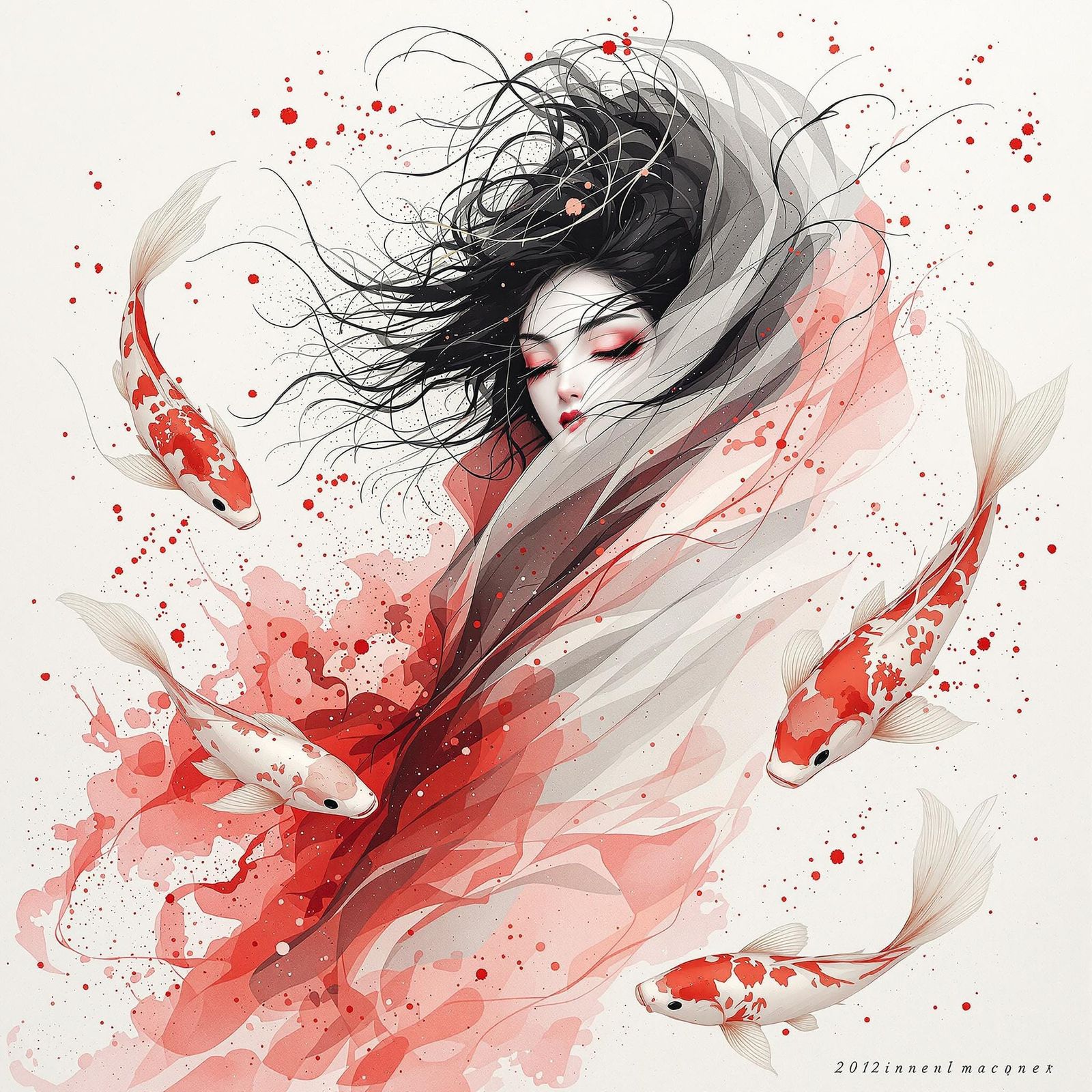 rule of thirds minimalist in a landscape format of a several koi fish and hauntingly mystical geisha woman