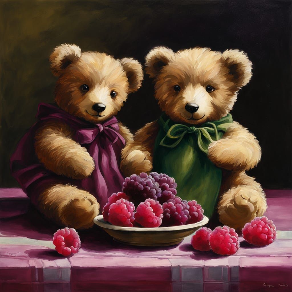 a pair of teddy bears having a picnic