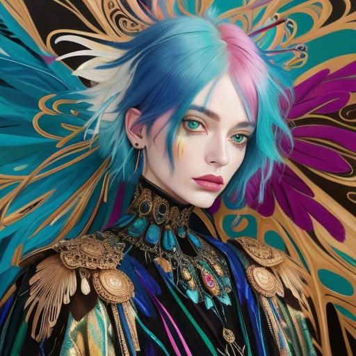 Abstract Portrait: Metallic Woman with Feathers