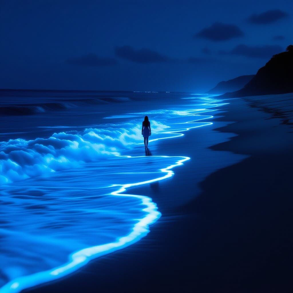 Bioluminescent Waves Light Shoreline in Surrealist Style