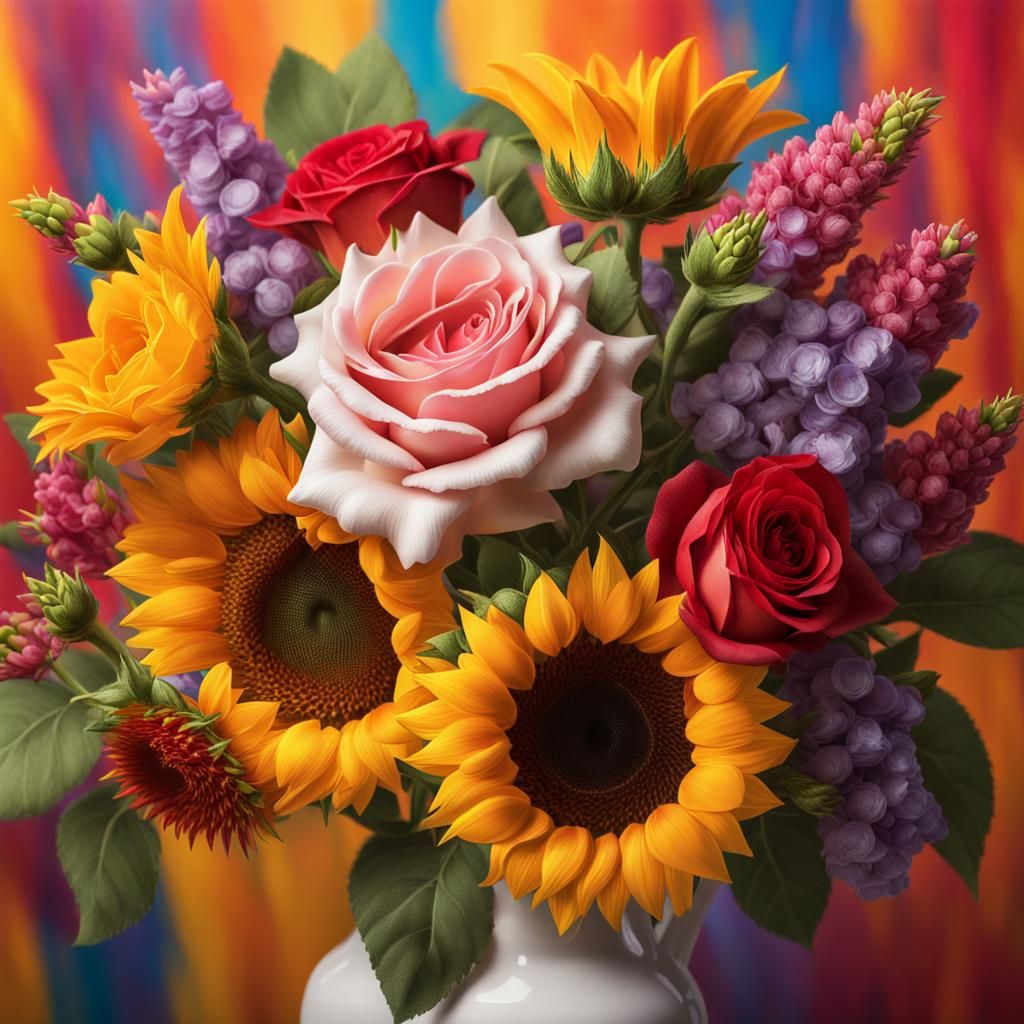Vibrant Bouquet in White Vase: Hyperrealistic Splash Art