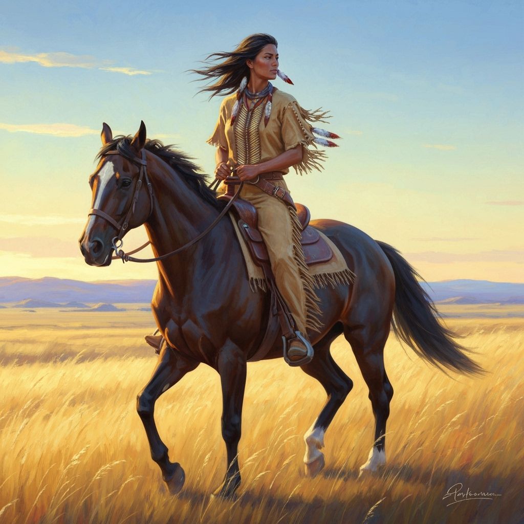 Cherokee Woman on Horseback Across Sun-Drenched Prairies