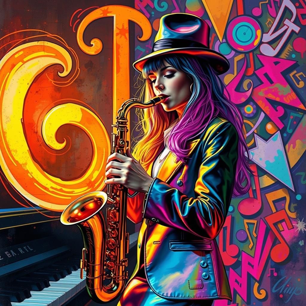 Rainbow Woman Saxophone Jazz Scene in Expressive Style