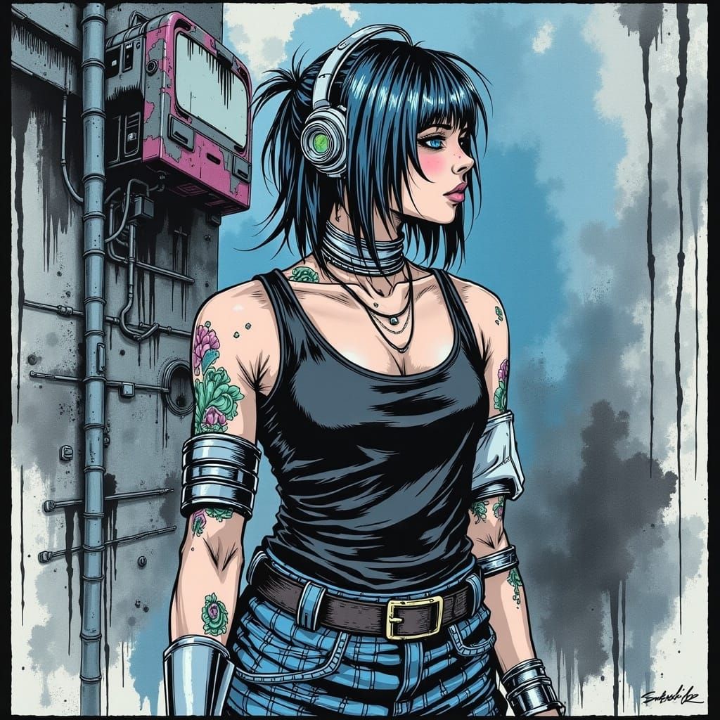 Cyborg Woman with Koi Tattoos in Giger Style