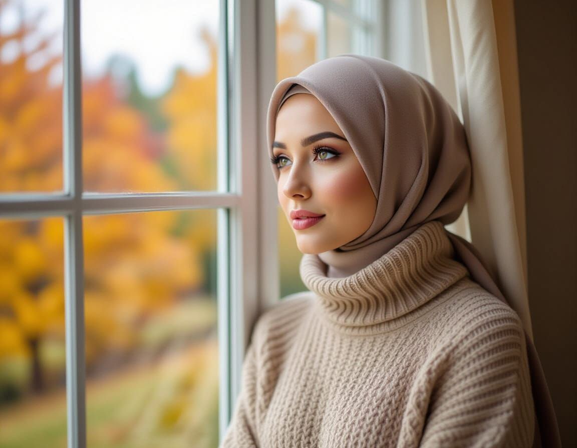 Beautiful Hijabi Woman in Autumn Landscape Portrait