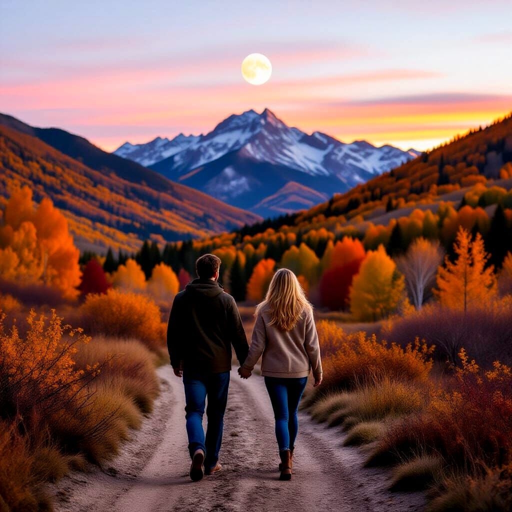 Couple Walking in Autumn Moonlight