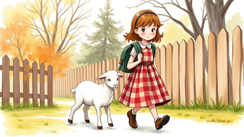 Mary and Her Anxious Lamb in Beatrix Potter Style