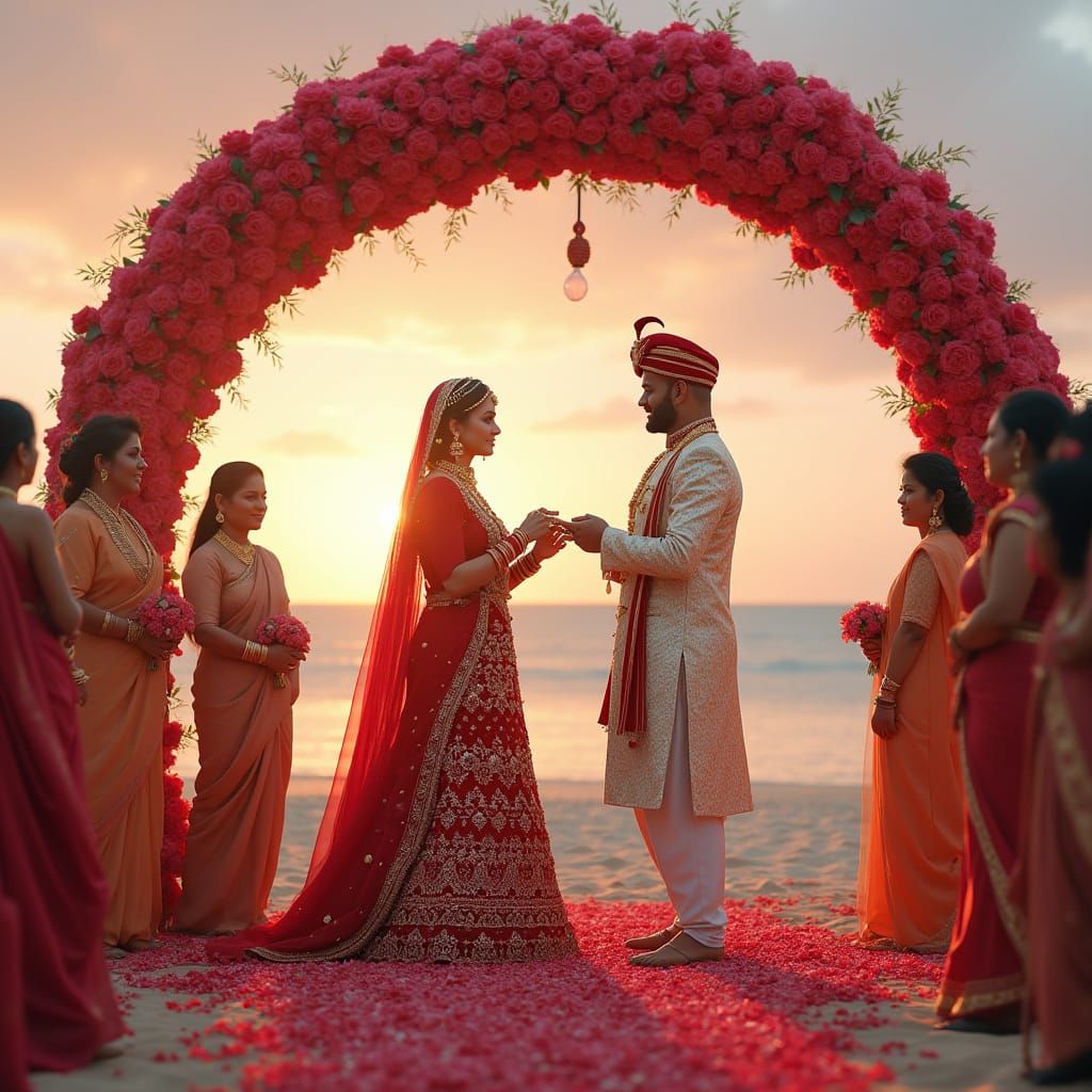 Indian Bride and Groom in Vibrant Goa Beach Wedding Scene