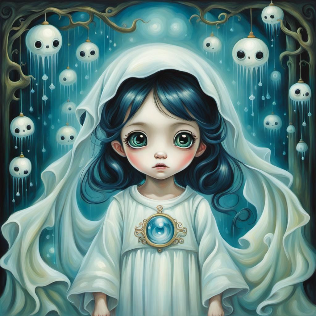 Little ghost girl in spooky room