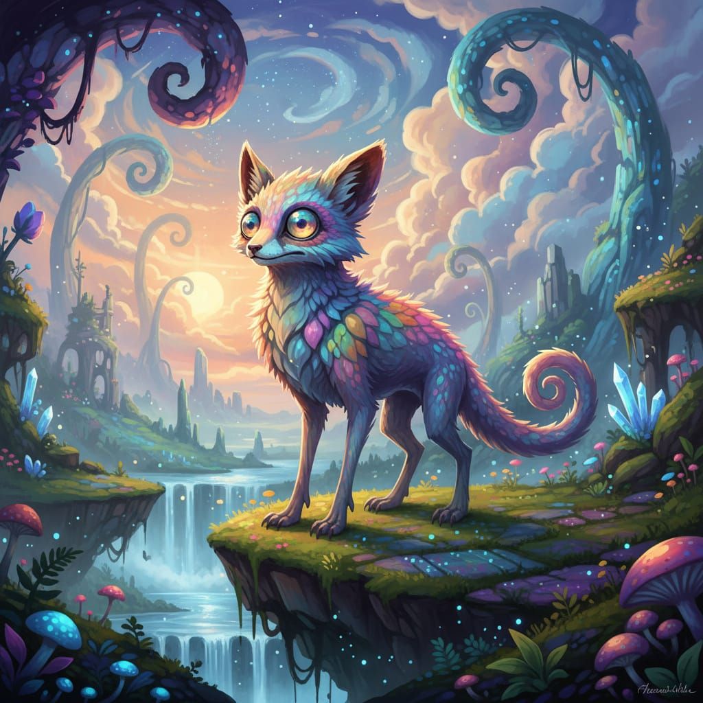 Whimsical Iridescent Creature in Dreamy Landscape