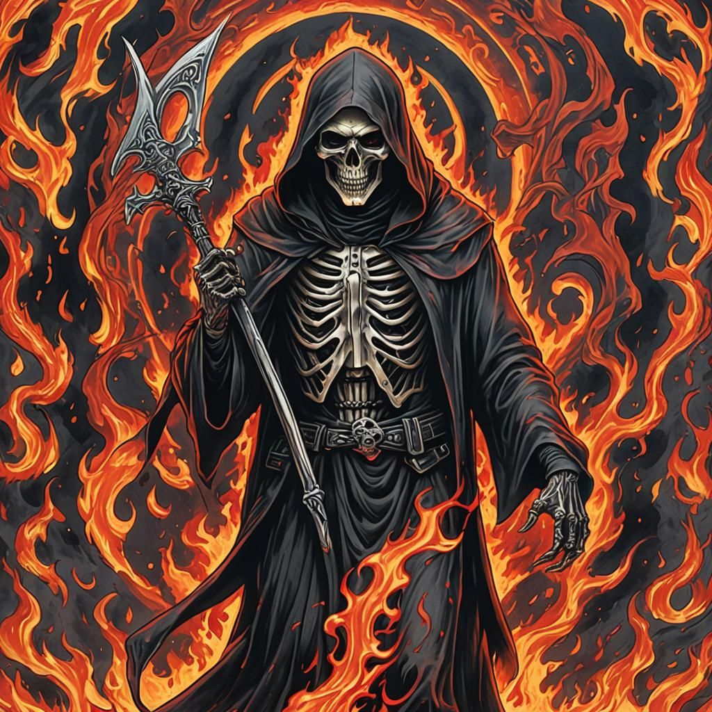 Grim Reaper Tattoo Art in Fiery Hues