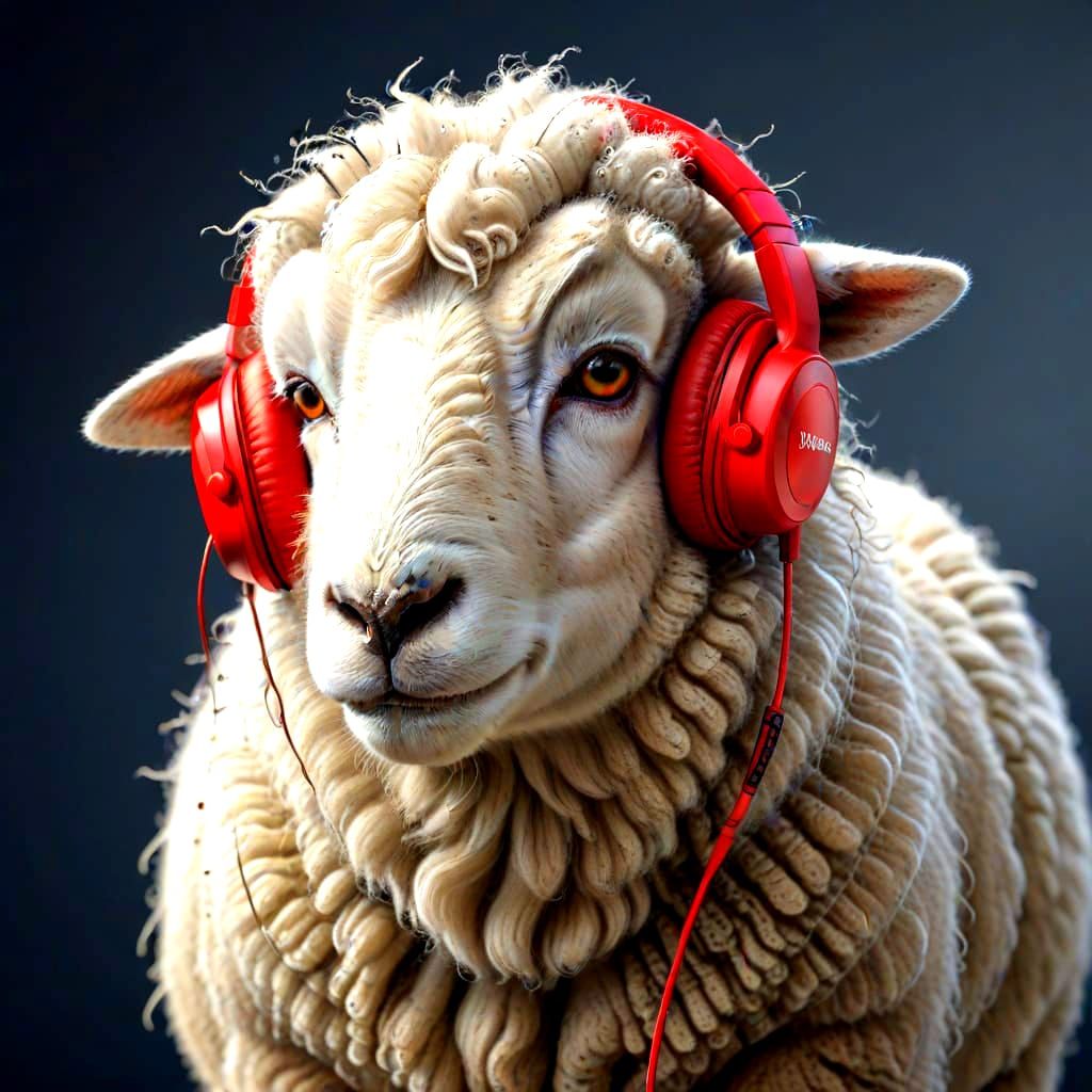 sheep with red headphones