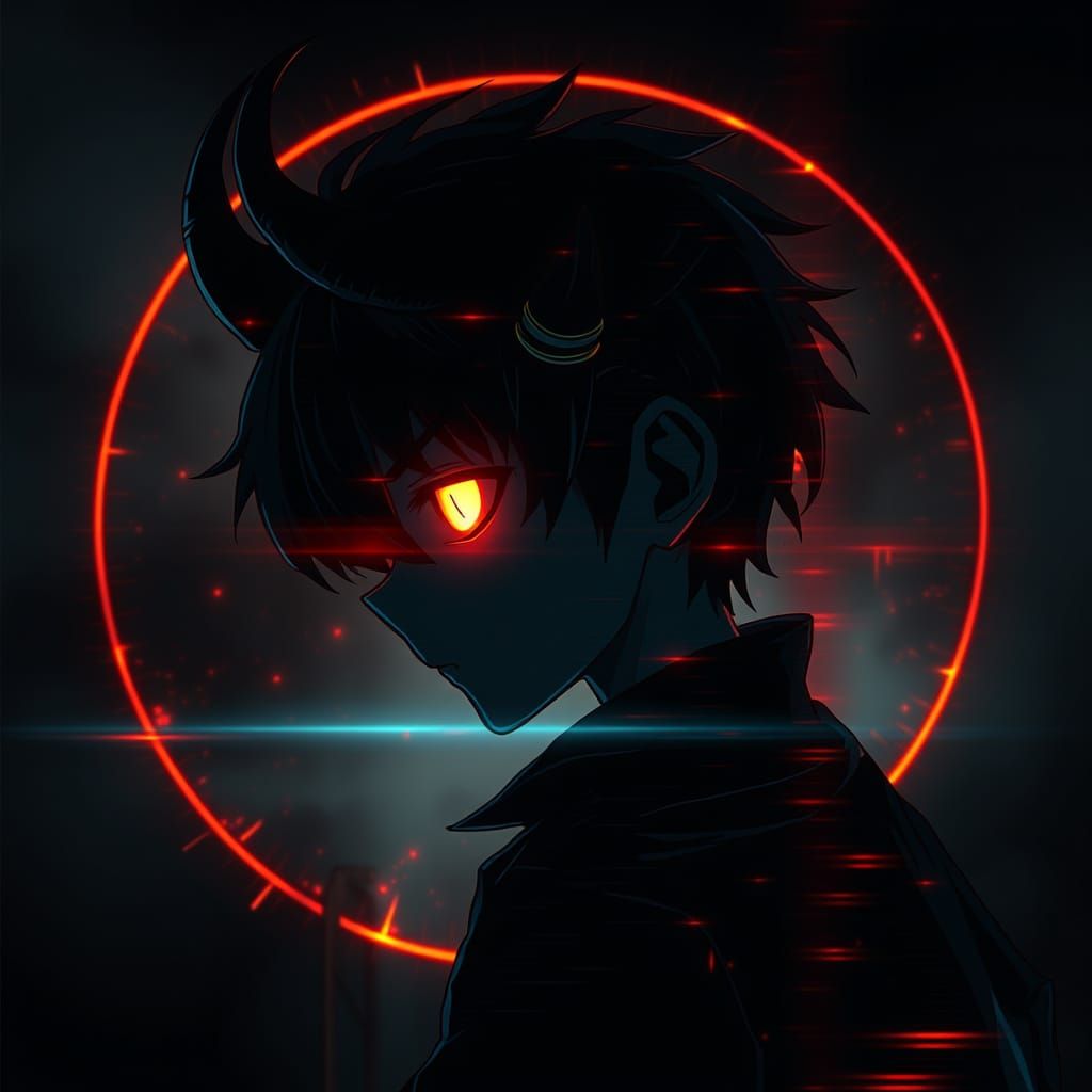 Anime Demon Boy with Glowing Eyes in Glitch Art Style
