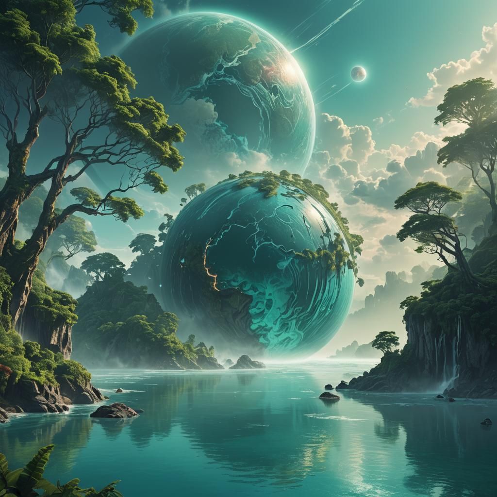Create a mesmerizing surreal landscape where a giant planet floats just above an ocean, revealing a hidden world on its ...