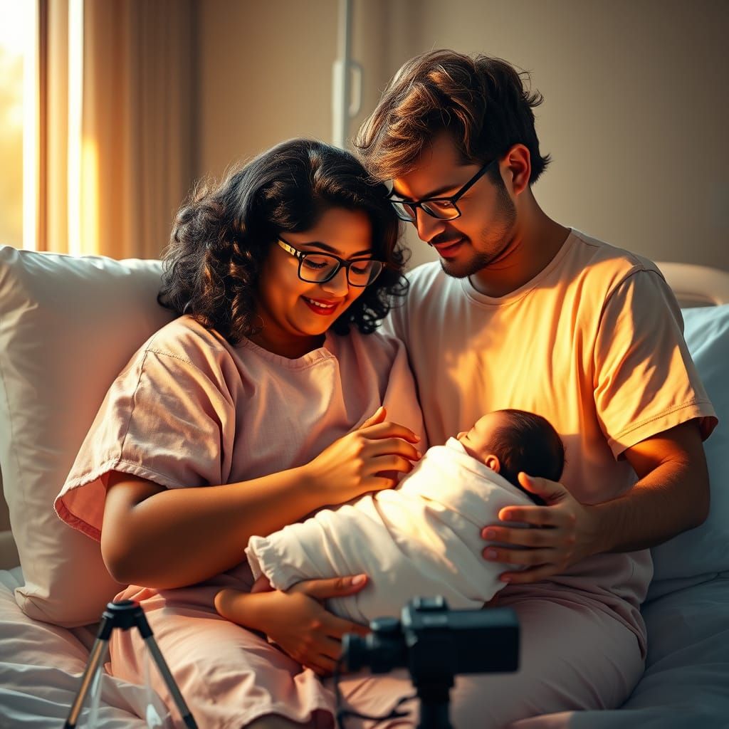 New Parents Admire Newborn Baby in Hospital