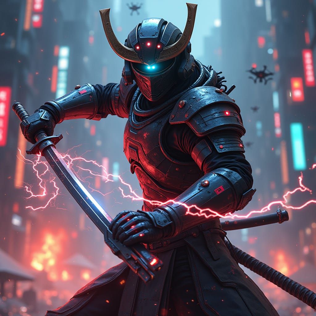 Cyber-Samurai with Energy Katana in Cyberpunk City