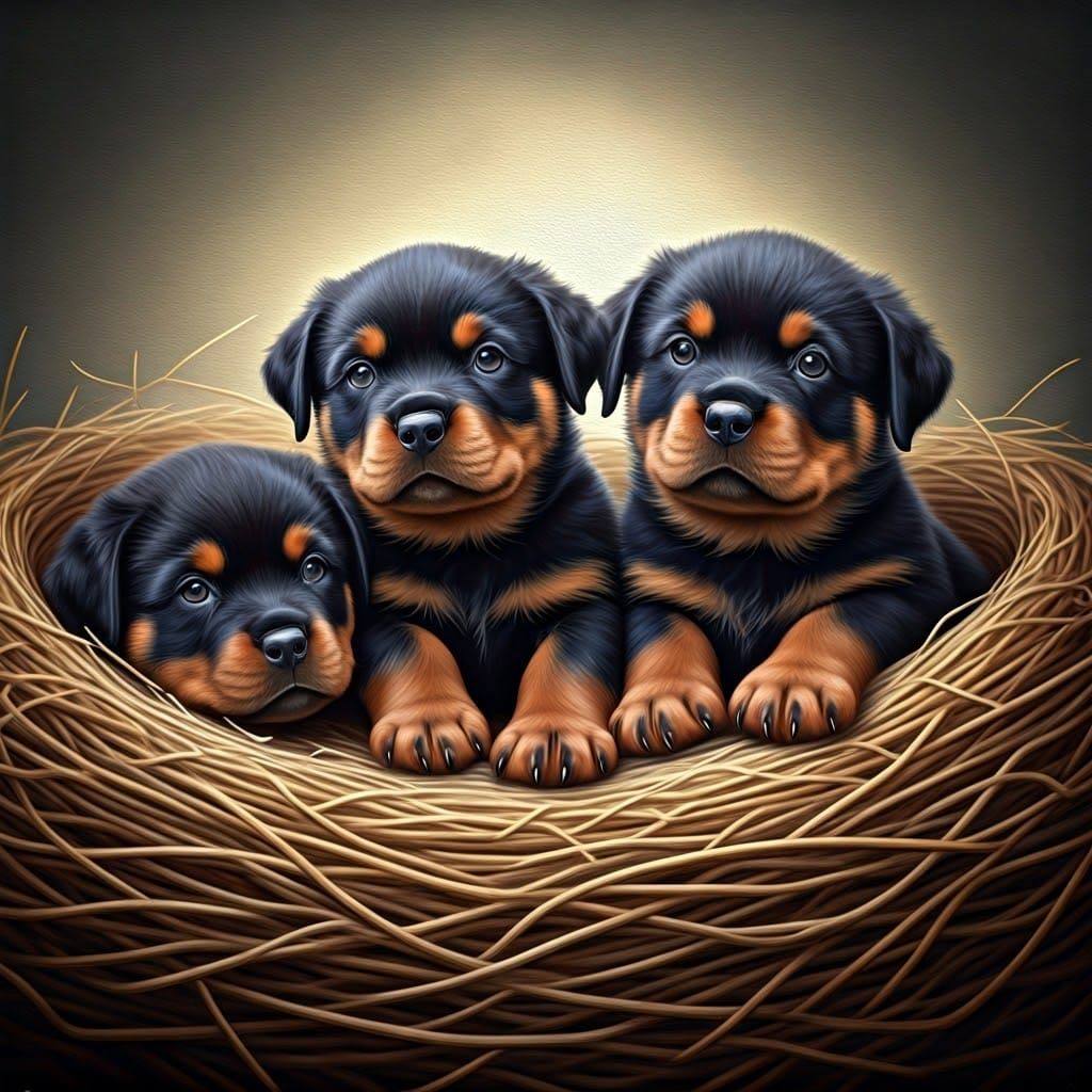 Rottweiler Puppies Snuggled in Nest: Oil Painting