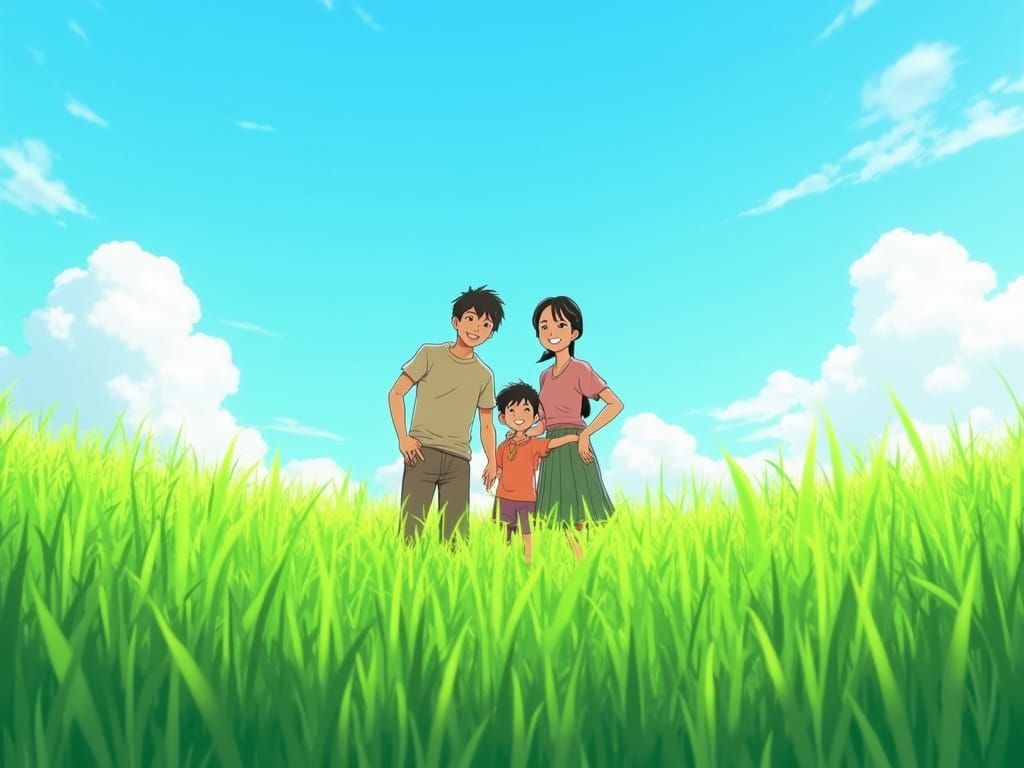 Joyful Family in a Whimsical Rice Field Landscape