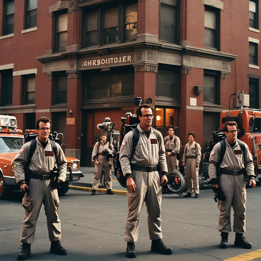 Ghostbusters Team Ready in Front of Firehouse