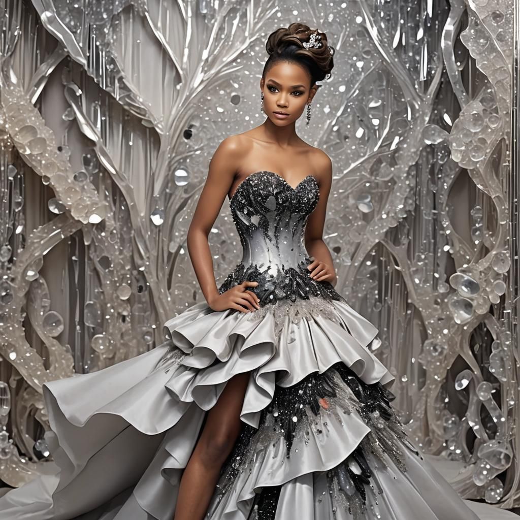 Woman in Crystal Dress in Ballroom, Hyperrealistic