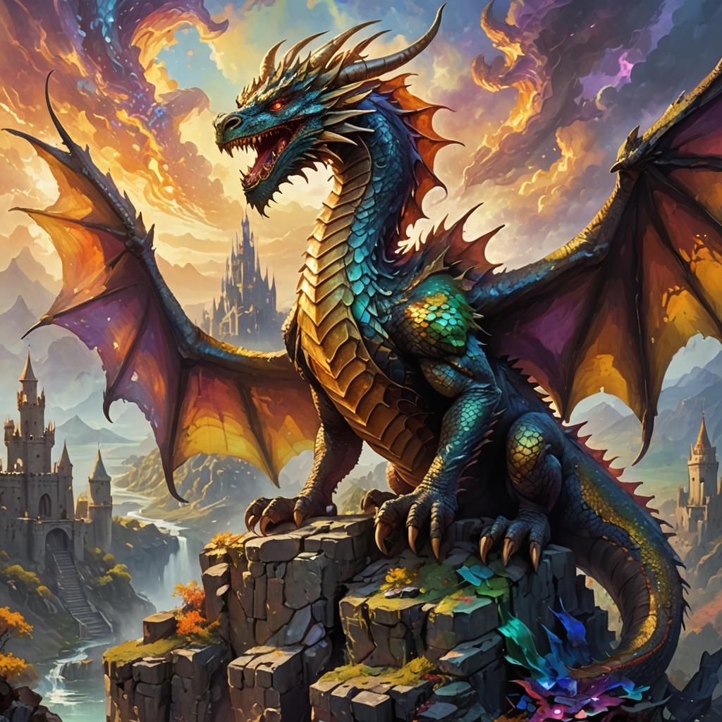 Majestic Dragon Perched Atop Ruined Castle