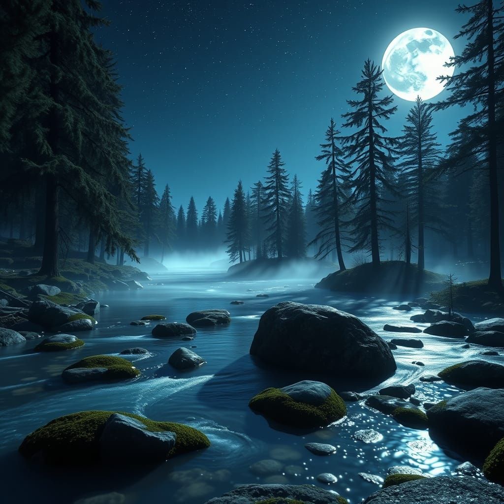 Moonlit Night Scene in Untouched Nature: 3D Render