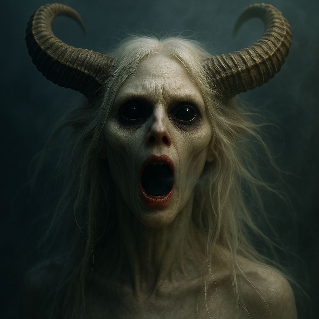 Ethereal Horror Entity with Curled Horns in Cinematic Portra...