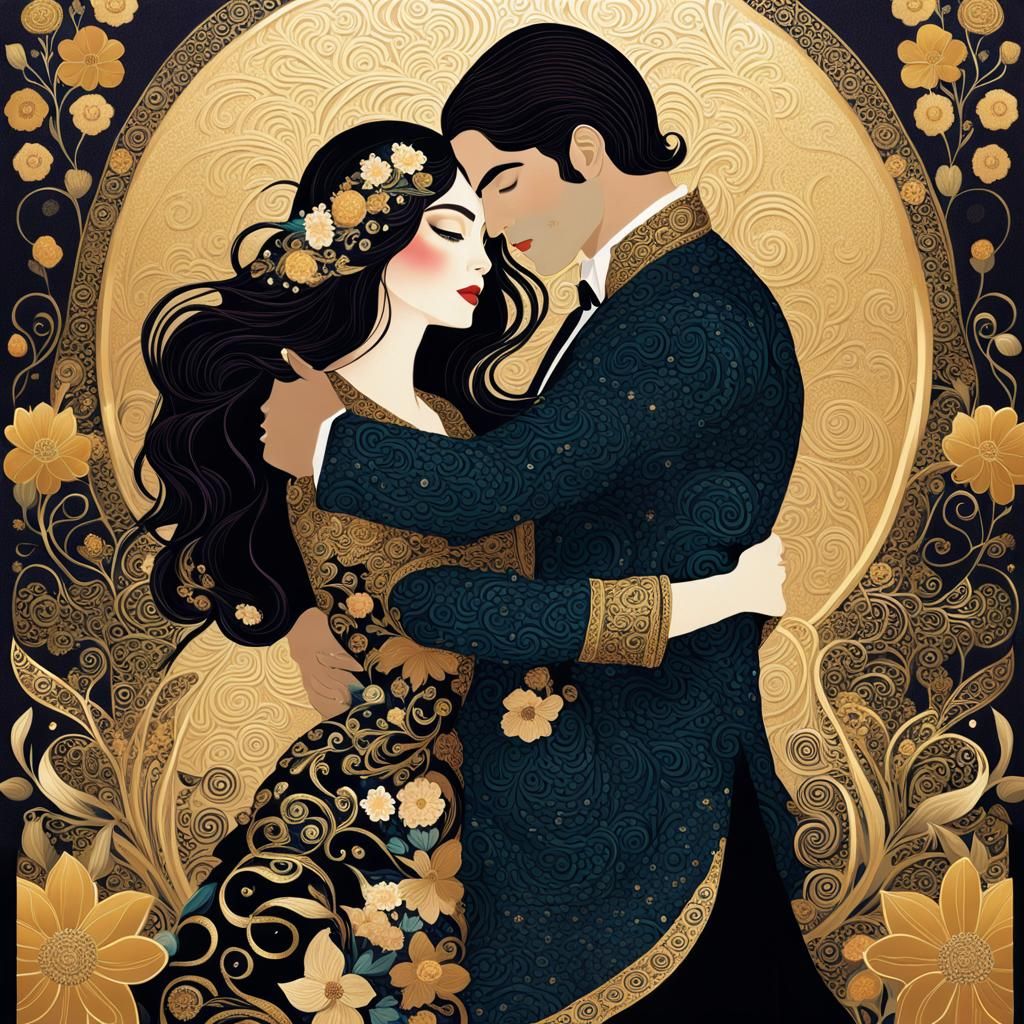 Elegant Couple Embrace in Klimt-Inspired Style