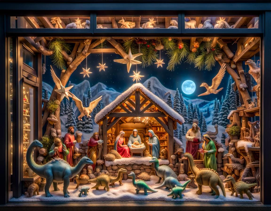 Toy Dinosaurs and Nativity Scene on Display