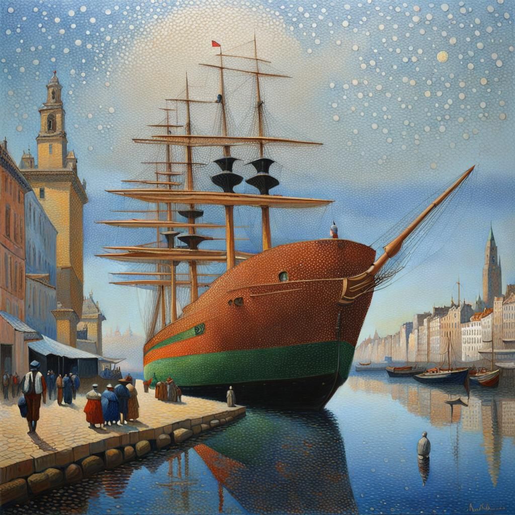 Madagascar Journey: Pointillist Ship Painting in Style of Er...