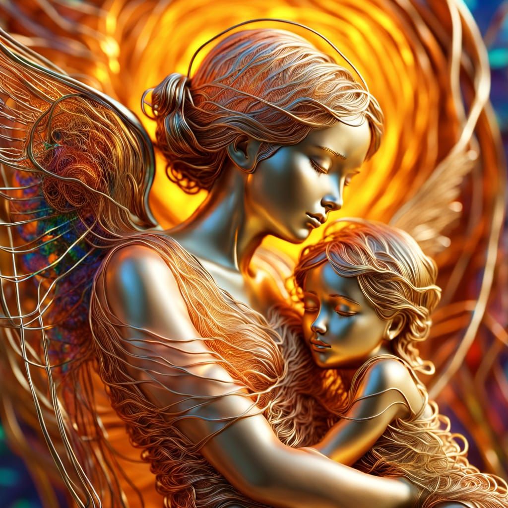 Colorful Wire Sculpture of Angel and Child