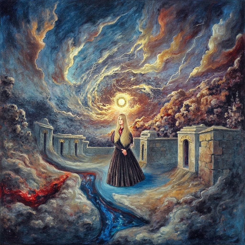 Mysterious Woman Before Stone Gates in Ominous Storm