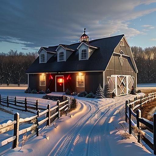 Snowy Farmhouse Scene with Red Barn